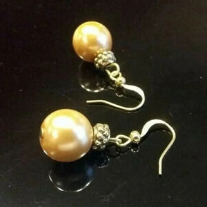 Golden Glass Pearl and Antiiqued Gold Pewter Dotted Rondelles Earrings